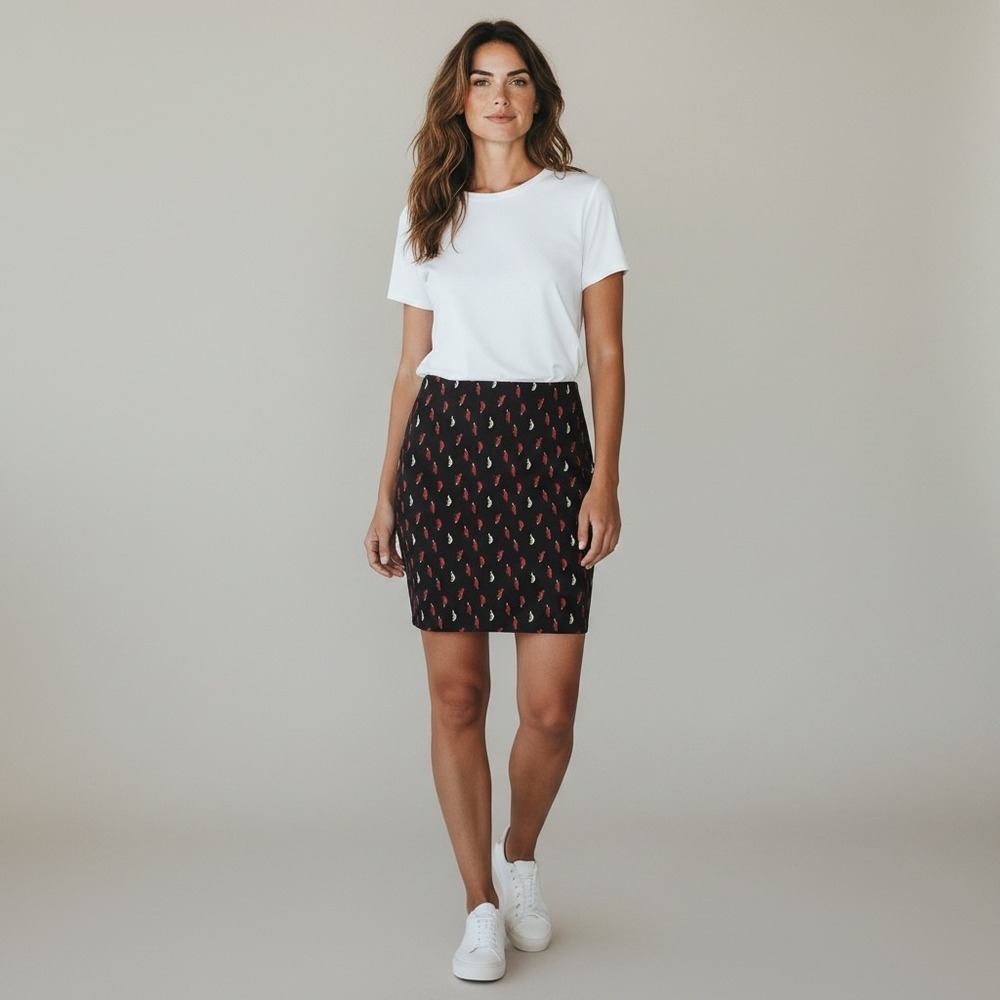 Vivienne Tam Black Fox Print Pencil Mini Skirt Sz 8 Stretch Jersey Back Zip Y2K